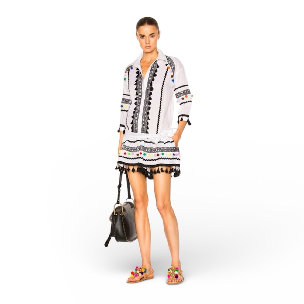 DODO BAR OR Delilah White and Black Embroidered Romper with Colorful Pom Pom
